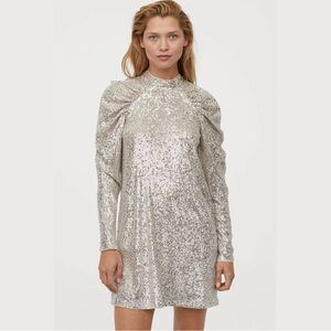 Women’s H&M M Silver Sequin Long Sleeve party Dress puff sleeves flattering